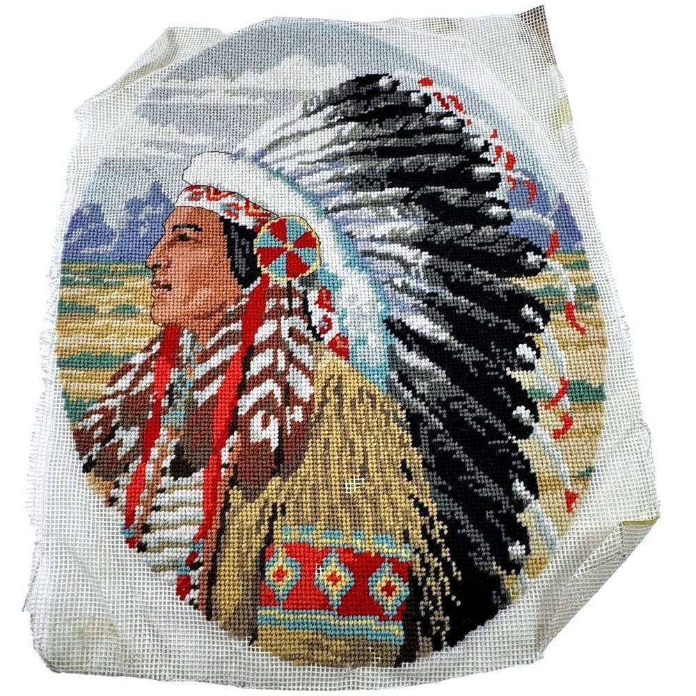VTG Native American Chief Needlepoint Portrait Headdress to Frame VERY NICE READ